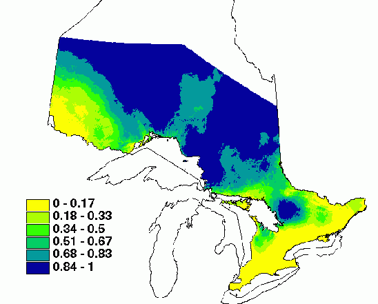 Carte de la probabilité d'apparition du chancre scléroderrien dans l'Ontario